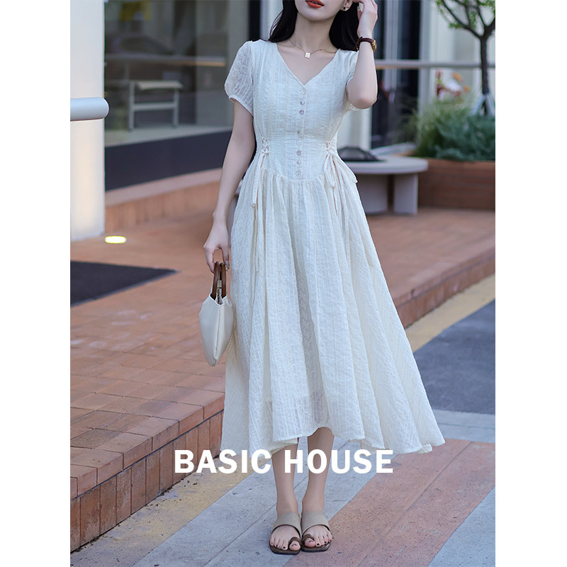 BasicHouse/百家好法式V领收腰