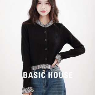 House 上衣女装 百家好小个子短款 假两件针织衫 黑色毛衣开衫 Basic