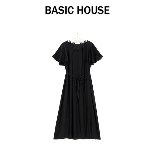 Basic House/百家好 法式气质连衣裙女夏设计感飞飞袖收腰小黑裙
