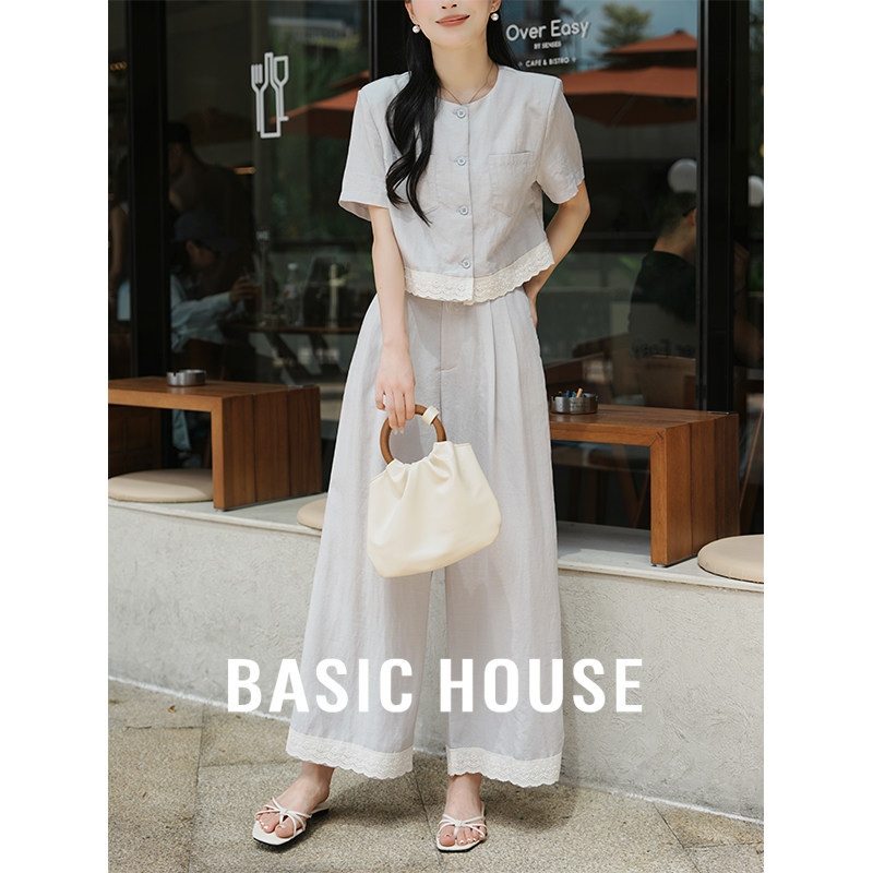 Basic House/百家好 莱赛尔肌理感阔腿裤两件套装女夏薄款老钱风
