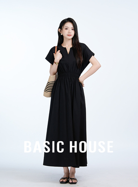 Basic House/百家好100棉黑色赫本风连衣裙女收腰显瘦小飞袖裙子