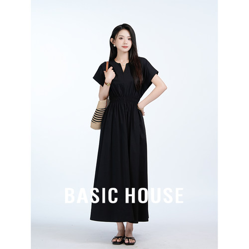 Basic House/百家好100棉黑色赫本风连衣裙女收腰显瘦小飞袖裙子