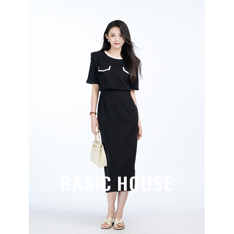 Basic House/百家好 黑色连衣裙女秋季高级感小香风气质修身简约