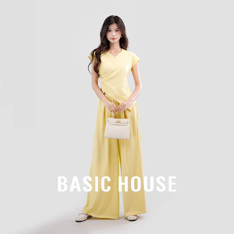 百家好/不规则上衣两件套女夏休闲百搭阔腿裤韩系松弛感穿搭套装