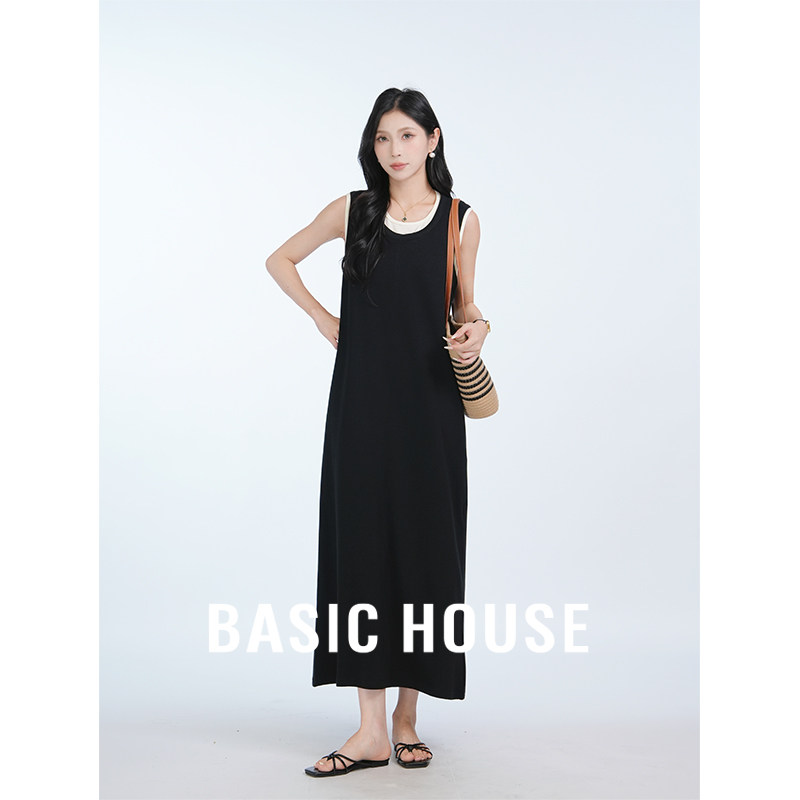 Basic House/百家好 莱赛尔背心T恤连衣裙女夏季显瘦圆领无袖裙子