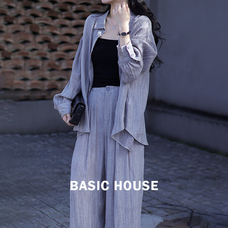 Basic House/百家好2026夏日松弛感穿搭休闲衬衫阔腿裤两件套装女