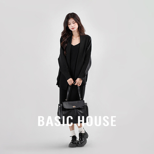 Basic House/百家好松弛感穿搭套装黑色针织开衫百搭吊带裙两件套