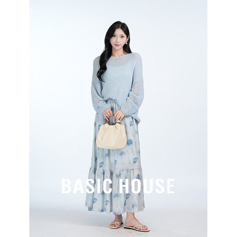 Basic House/百家好慵懒风镂空针织上衣国风半身裙两件套装裙女秋