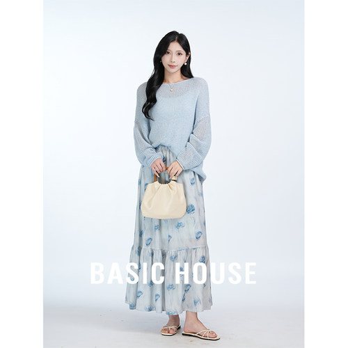 Basic House/百家好慵懒风镂空针织上衣国风半身裙两件套装裙女秋