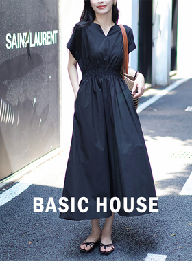 Basic House/百家好100棉赫本风连衣裙女夏V领小飞袖收腰显瘦裙子