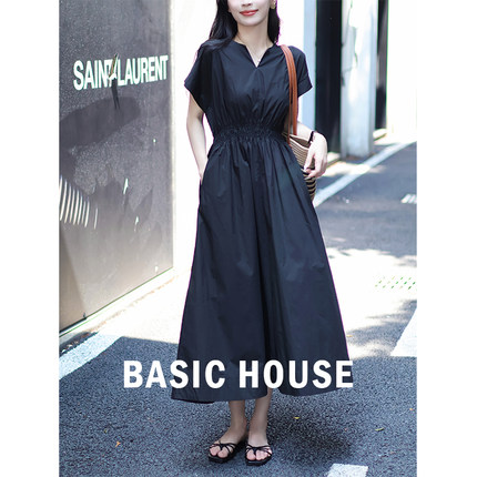 Basic House/百家好100棉赫本风连衣裙女夏V领小飞袖收腰显瘦裙子