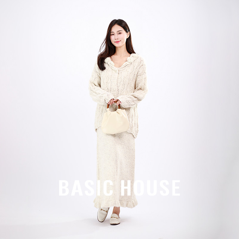 Basic House/百家好温柔风海军领针织毛衣半身裙两件套装女装新款