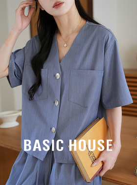 Basic House/百家好蓝色衬衫阔腿裤韩版宽松两件套装女夏季