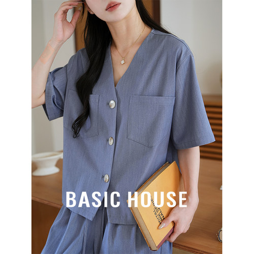 Basic House/百家好蓝色衬衫阔腿裤韩版宽松两件套装女夏季