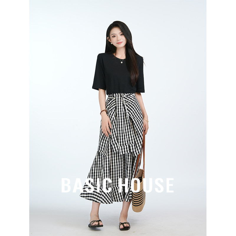 Basic House/百家好 格纹拼接连衣裙女夏季小个子显瘦100棉背心裙