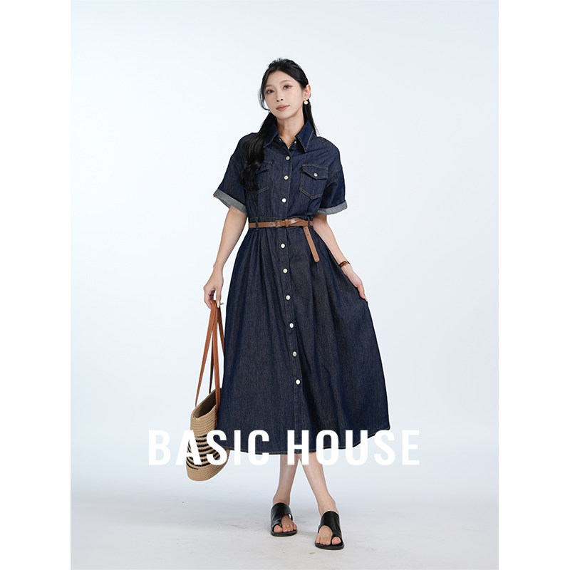 Basic House/百家好牛仔连衣裙女夏气质复古高级感收腰显瘦长裙子