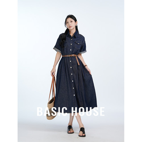 Basic House/百家好牛仔连衣裙女夏气质复古高级感收腰显瘦长裙子