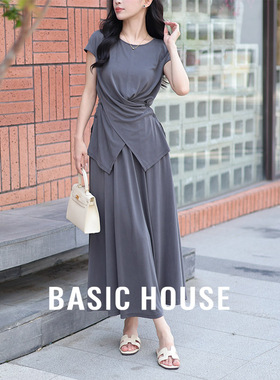 Basic House/百家好 灰色T恤a字半身裙夏日绝美穿搭两件套装女