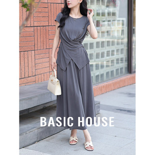 Basic House/百家好 灰色T恤a字半身裙夏日绝美穿搭两件套装女