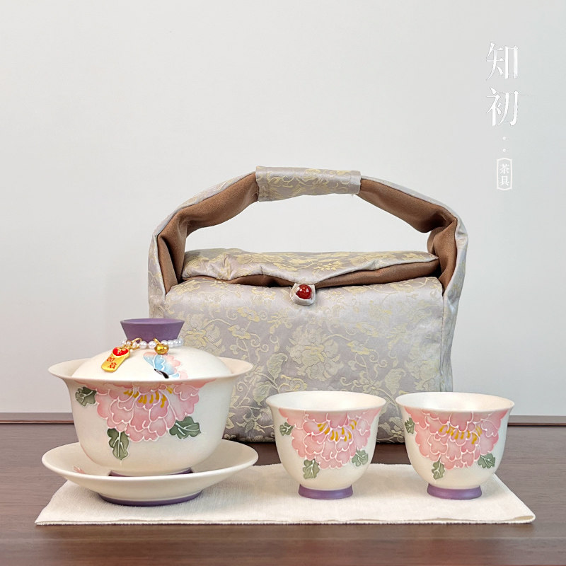 手绘牡丹盖碗二杯旅行茶具套装纯手绘精致釉下彩陶瓷功夫茶具中式