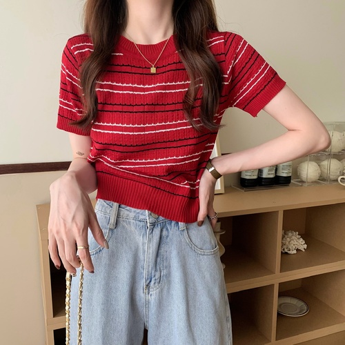 Real price ~ thin stripe thin sweater short sleeve t-shirt female student isn bottomed shirt 8 colors