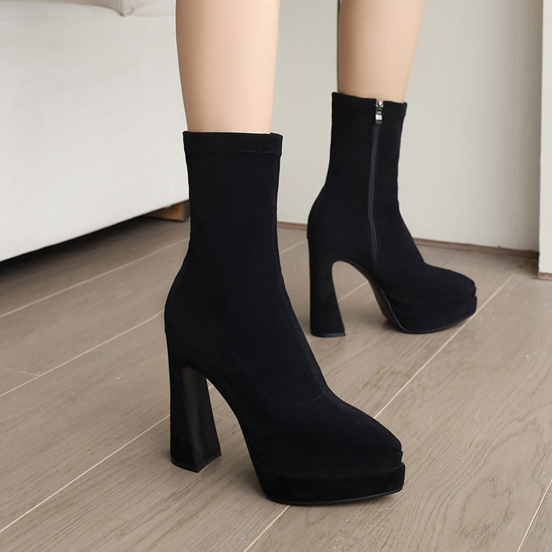 EUROPEAN AND AMERICAN PLATFORM HIGH HEELS WOMENS BLOCK HEELS POINTED TOE WOMENS BOOTS BOOTS BOOTS SKINNY BOOTS ELASTIC BOOTS HATE THE SKY HIGH FASHION BOOTS 12CM