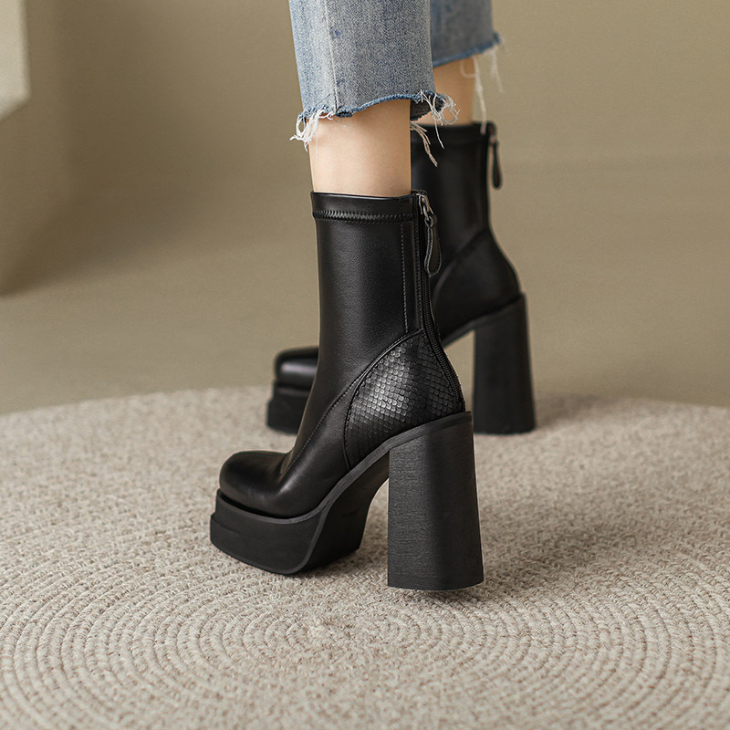 EUROPEAN AND AMERICAN PLATFORM HIGH HEELS BLOCK HEEL BOOTS PLATFORM WOMENS BOOTS SMALL ELASTIC BOOTS SKINNY BOOTS HIGH HEEL BOOTS 12CM