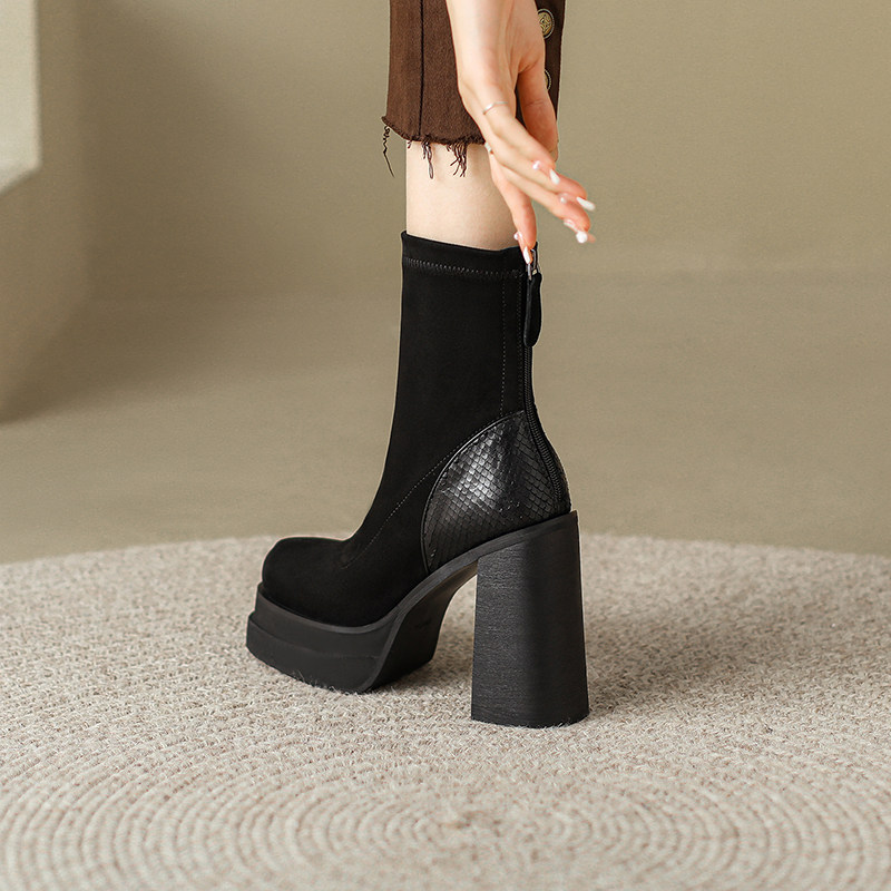 EUROPEAN AND AMERICAN PLATFORM HIGH HEELS BLOCK HEEL BOOTS PLATFORM WOMENS BOOTS SMALL ELASTIC BOOTS SKINNY BOOTS HIGH HEEL BOOTS 12CM