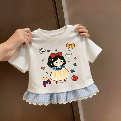 女童纯棉短袖上衣2026新款女宝宝卡通印花公主风花边格子裙摆T恤
