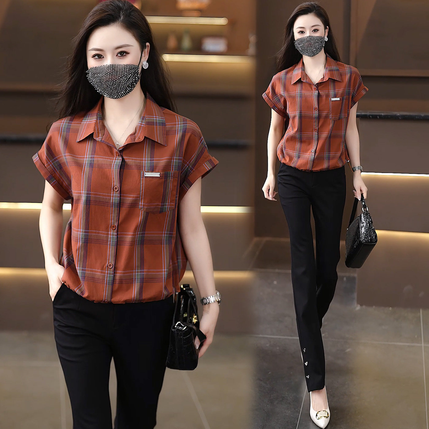 夏装女短款显瘦遮肚格子衬衫