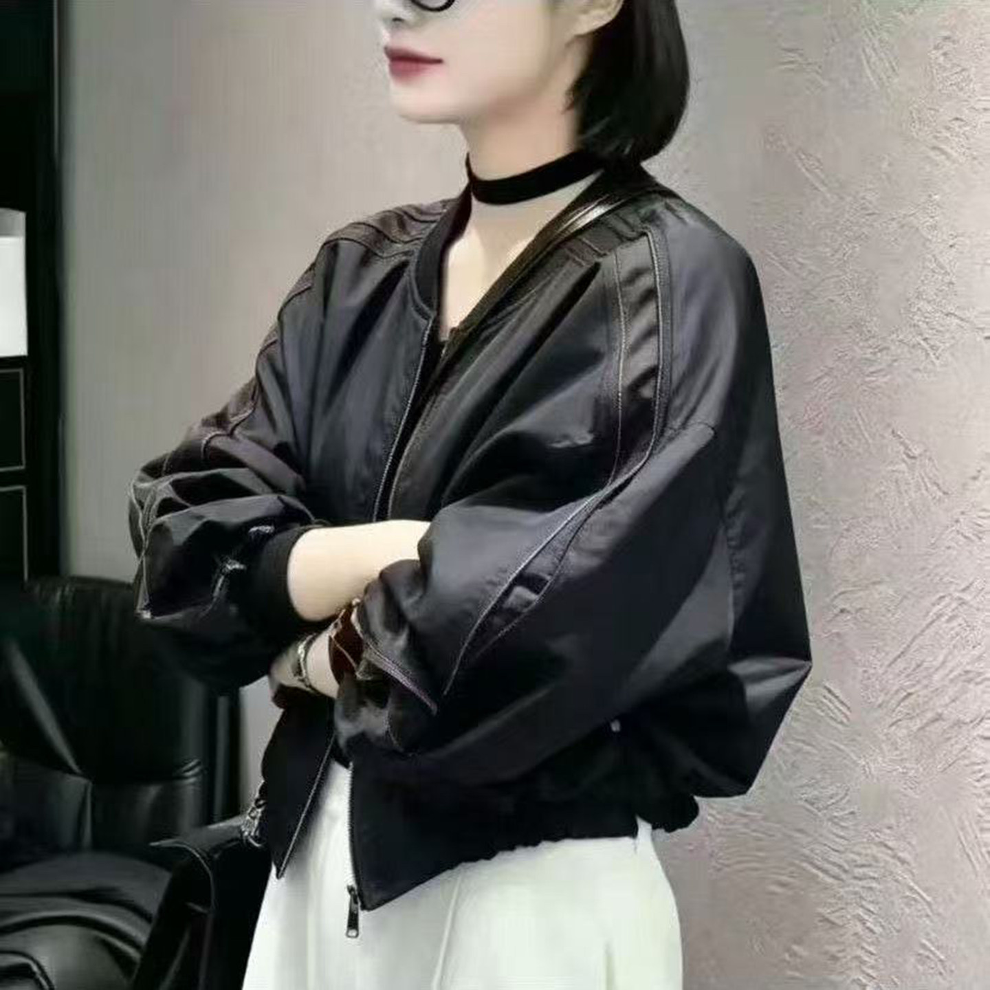 酷飒风黑色短外套女春秋宽松显瘦百搭拉链短款夹克帅气圆领上衣潮