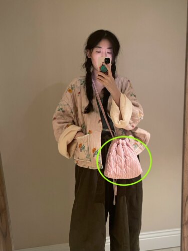 粉色条纹抽绳可调节小棉包包