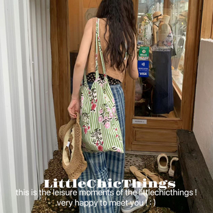 原创LittleChicThings印度拓印棉风条纹花细肩带百搭单肩斜跨包女