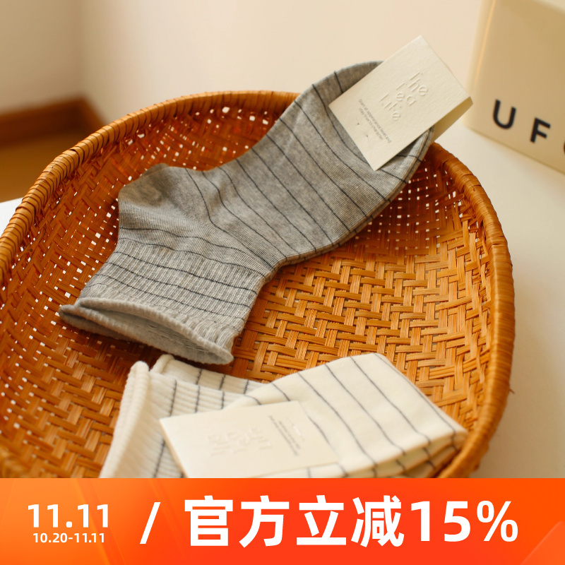 米吉诺拉 ~春秋无骨松口卷边袜可爱百搭细条纹纯棉中短筒女士袜子