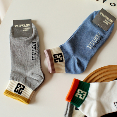 外贸货夏季字母数字ins潮男运动短筒袜休闲撞色吸汗防臭纯棉袜子