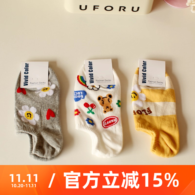 春夏季新品卡通樱桃小熊隐形袜子女可爱花朵防滑不掉跟纯棉船袜