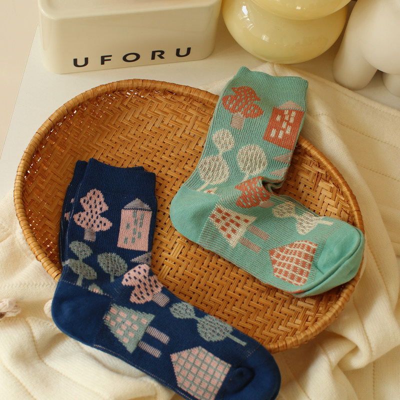 米吉诺拉"无骨薄荷色系创意民族风少女双针粗线纯棉透气中筒袜子