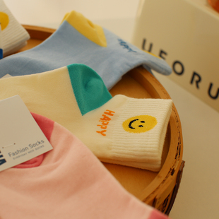 韩国创意休闲运动卡通笑脸袜子女学院风ins潮夏季 纯棉吸汗短筒袜