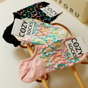 浮雕立体小花袜子少女甜美可爱浅口低帮纯棉船袜 米吉诺拉创意个性