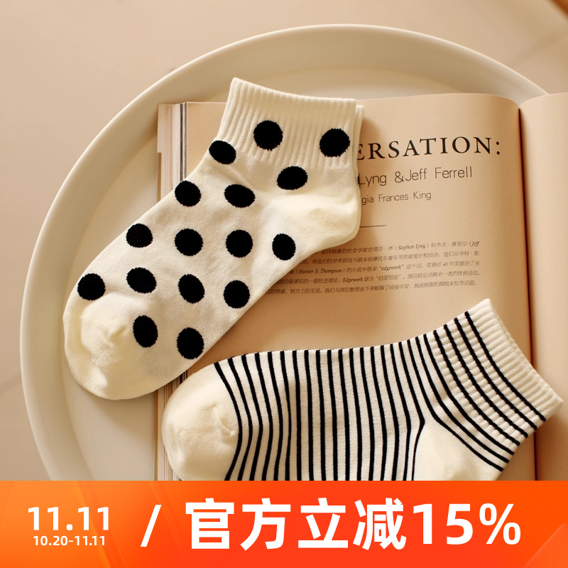 夏季黑白系细条纹波点低帮袜子少女学院风字母运动百搭纯棉短筒袜