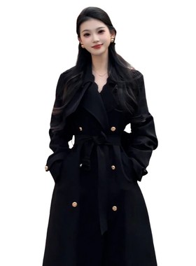 2025新款高级感黑色中长款风衣外套女秋冬季韩系收腰正肩夹棉大衣