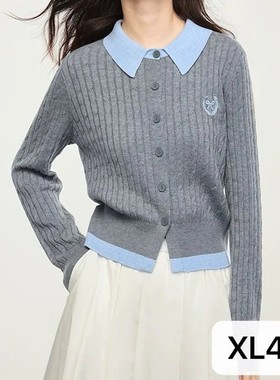 气质假两件灰色绞花毛织针织开衫早秋新款学院风翻领上