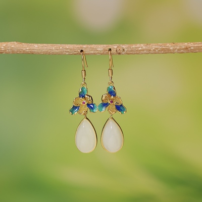 s925银镶嵌和田玉水滴珐琅配彩锆耳坠耳饰女士彩色珐琅耳钩5214