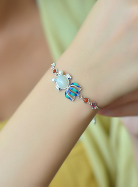 和田玉蛋面年年有余珐琅多宝手链