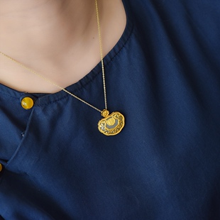 925银镶嵌和田玉如意锁吊坠金色简约项链坠玉饰品福禄双全26919