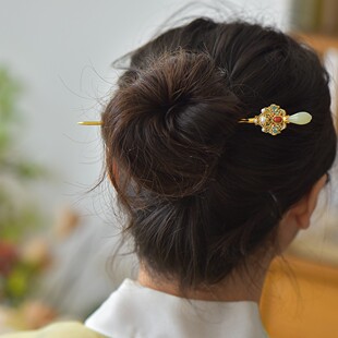 925银镶嵌和田玉玉兰花珐琅配南红珍珠发簪3126-2#