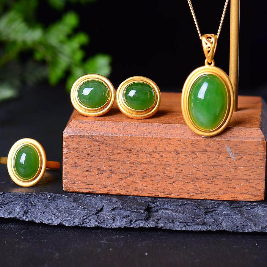 925银镶和田玉碧玉吊坠戒指耳钉简约百搭菠菜绿三件套装百搭17358