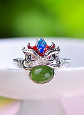 925银镶嵌和田玉碧玉蛋面配珍珠醒狮套装耳饰颈饰新款耳钩26847