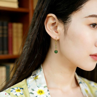 S925银镶嵌和田玉碧玉8厘珠配彩锆耳坠耳饰女士古装 17179 搭配女款