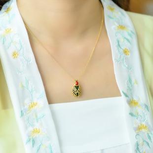 古法银镶嵌和田玉碧玉蛋面配南红一鸣惊人吊坠16007